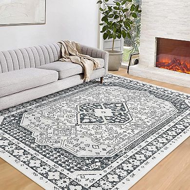Vintage Washable Area Rug - Non-Slip Low Pile with Rubber Backing for Living Room, Dining & Kitchen