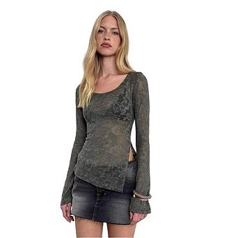 Women Sheer Lace Long Sleeve T Shirt Crew Neck Slit Design Slim Fit See Through Top