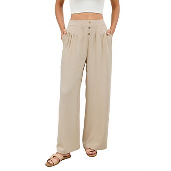 Women's Button Detail Elastic Waist Straight Wide Leg Long Pants Summer Casual Loose Trousers Pocket