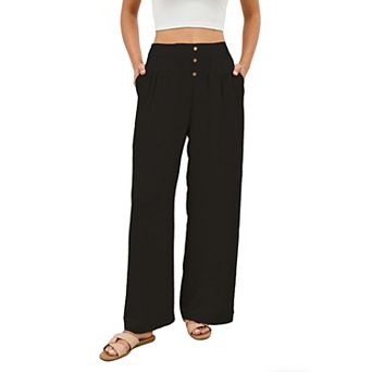 Women's Button Detail Elastic Waist Straight Wide Leg Long Pants Summer Casual Loose Trousers Pocket