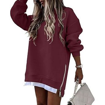 Women's Long Sleeve Zipper Slit Crew Neck Oversized Sweatshirt Casual Pullover Hoodies Tops