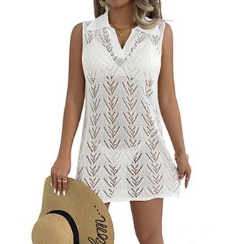 Women's Crochet Hollow Out Knit Polo Collar Sleeveless Mini Dress Summer Casual Beach Cover Up Dress