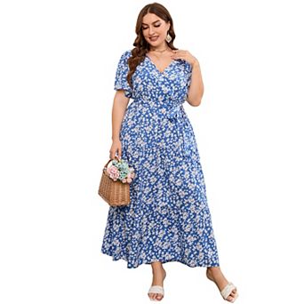 Women's Plus Size Floral Print Maxi Dress V Neck Short Sleeve Tiered Wrap Dress