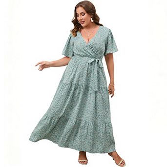 Women's Plus Size Floral Print Maxi Dress V Neck Short Sleeve Tiered Wrap Dress