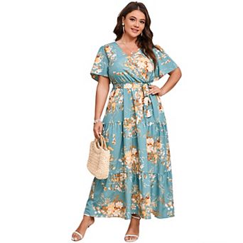 Women's Plus Size Floral Print Maxi Dress V Neck Short Sleeve Tiered Wrap Dress
