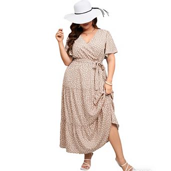 Women's Plus Size Floral Print Maxi Dress V Neck Short Sleeve Tiered Wrap Dress