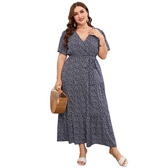Women's Plus Size Floral Print Maxi Dress V Neck Short Sleeve Tiered Wrap Dress