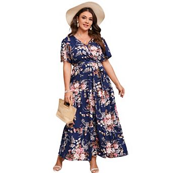 Women's Plus Size Floral Print Maxi Dress V Neck Short Sleeve Tiered Wrap Dress