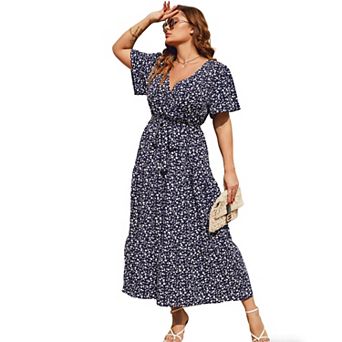 Women's Plus Size Floral Print Maxi Dress V Neck Short Sleeve Tiered Wrap Dress
