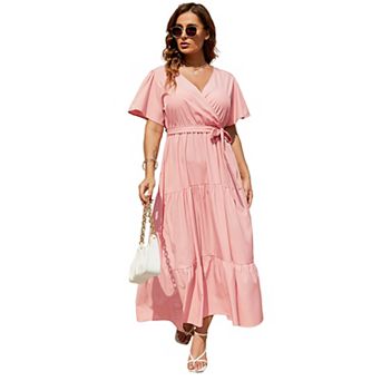 Women's Plus Size Floral Print Maxi Dress V Neck Short Sleeve Tiered Wrap Dress