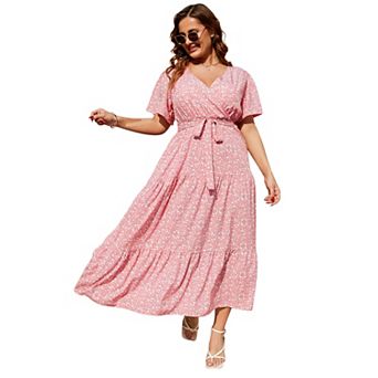 Women's Plus Size Floral Print Maxi Dress V Neck Short Sleeve Tiered Wrap Dress