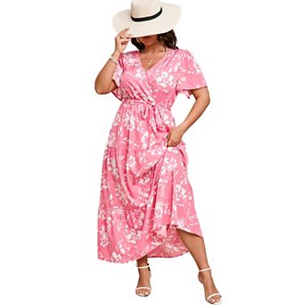 Women's Plus Size Floral Print Maxi Dress V Neck Short Sleeve Tiered Wrap Dress