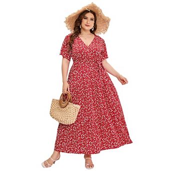 Women's Plus Size Floral Print Maxi Dress V Neck Short Sleeve Tiered Wrap Dress