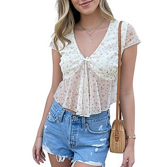 Women's V Neck Sheer Floral Print Short Sleeve Twist Front Ruffle Hem Cropped Blouse