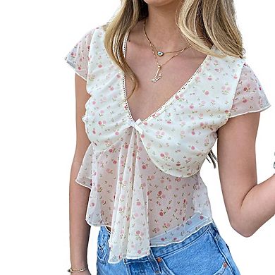 Women's V Neck Sheer Floral Print Short Sleeve Twist Front Ruffle Hem Cropped Blouse