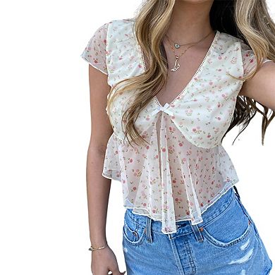 Women's V Neck Sheer Floral Print Short Sleeve Twist Front Ruffle Hem Cropped Blouse