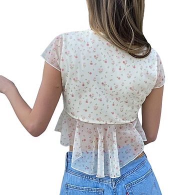 Women's V Neck Sheer Floral Print Short Sleeve Twist Front Ruffle Hem Cropped Blouse