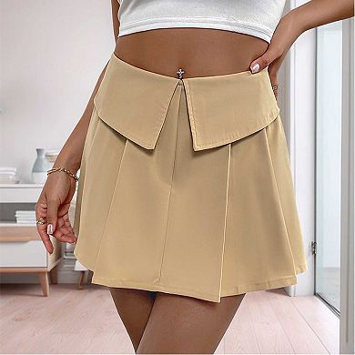 Women's Solid Pleated Mini Skirt, High Waisted Flared A-Line Casual Skirt
