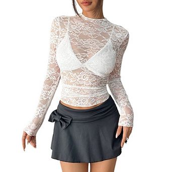 Womens Lightweight Lace Top Y2K Sheer Floral Lace Mock Neck Long Sleeve Slim Fit Crop Base Layer Top
