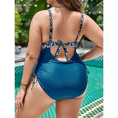 Women's One-Piece Large Size Swimsuit Leopard Print V-Neck Side Drawstring Swimwear Beachwear