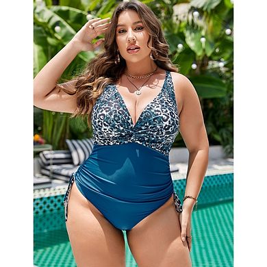 Women's One-Piece Large Size Swimsuit Leopard Print V-Neck Side Drawstring Swimwear Beachwear