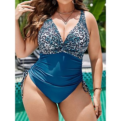 Women's One-Piece Large Size Swimsuit Leopard Print V-Neck Side Drawstring Swimwear Beachwear