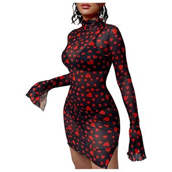 Heart Print Bodycon Mini Dress Mesh Split Hem Bell Sleeves