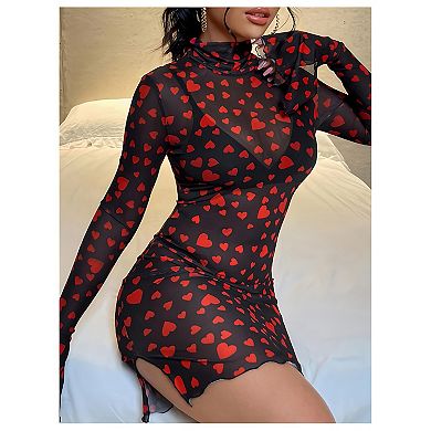 Heart Print Bodycon Mini Dress Mesh Split Hem Bell Sleeves
