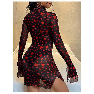 Heart Print Bodycon Mini Dress Mesh Split Hem Bell Sleeves