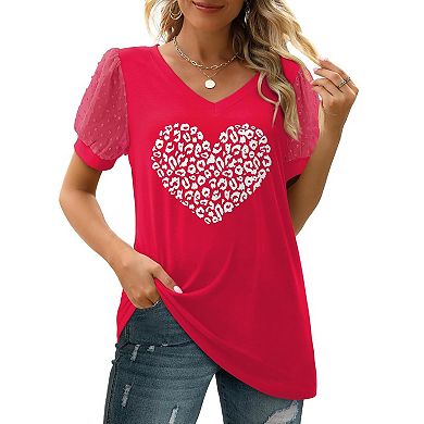 Loose Casual V-Neck Puff Sleeve T-Shirt for Women