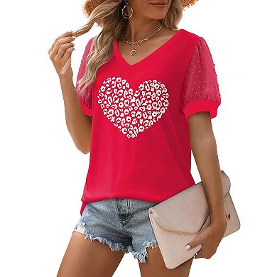 Loose Casual V-Neck Puff Sleeve T-Shirt for Women