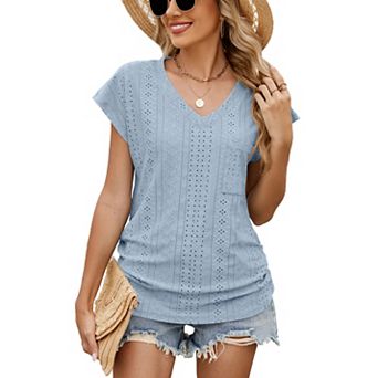 Womens T Shirts V Neck Short Sleeve Summer Tops Basic Women Blouses Beach Vacation Spring Clothes