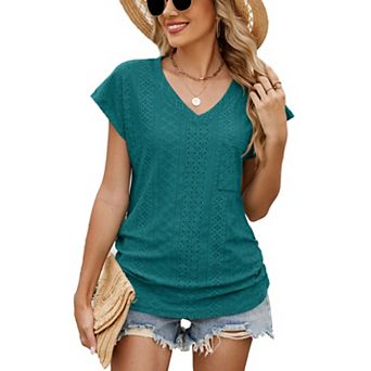 Womens T Shirts V Neck Short Sleeve Summer Tops Basic Women Blouses Beach Vacation Spring Clothes
