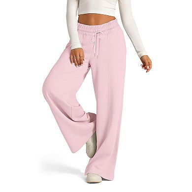Women's Solid Color Wide Leg Pants Casual Drawstring Elastic Waist Lounge Pants