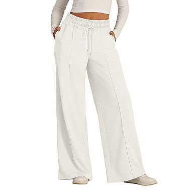Women's Solid Color Wide Leg Pants Casual Drawstring Elastic Waist Lounge Pants