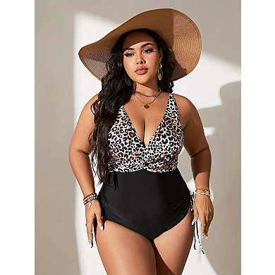Women's Plus Size Leopard Print Swimsuit One Piece Bathing Suit V Neck Swimwear Tummy Control