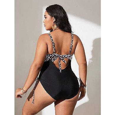 Women's Plus Size Leopard Print Swimsuit One Piece Bathing Suit V Neck Swimwear Tummy Control