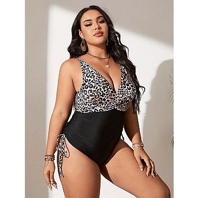 Women's Plus Size Leopard Print Swimsuit One Piece Bathing Suit V Neck Swimwear Tummy Control