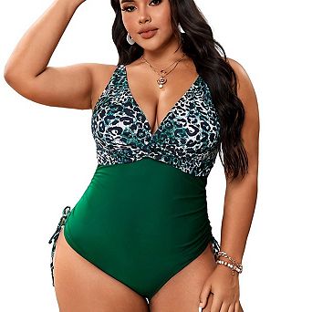 Women's Plus Size Leopard Print Swimsuit One Piece Bathing Suit V Neck Swimwear Tummy Control