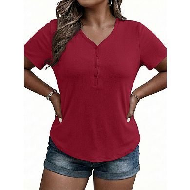 Women's Plus Size Tops Summer Short Sleeve Tee V Neck Ribbed T-shirt