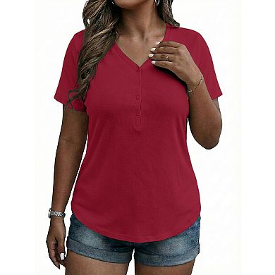 Women's Plus Size Tops Summer Short Sleeve Tee V Neck Ribbed T-shirt