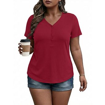 Women's Plus Size Tops Summer Short Sleeve Tee V Neck Ribbed T-shirt