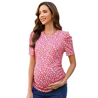 Maternity Shirts Casual Floral Print Tops Pregnancy Puff Short Sleeve Striped Ruched Side Tunic Top
