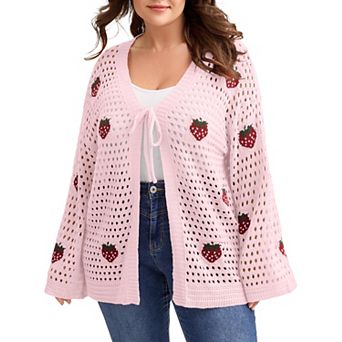 Women's Plus Size Cardigan Cute Strawberry Sweater Open Front Knit Top Spring Outerwear