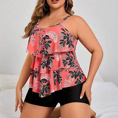 Women's Plus Size Ruffle Hem Two-Piece Swimsuit Flowy Tankini Top with Matching Swim Shorts
