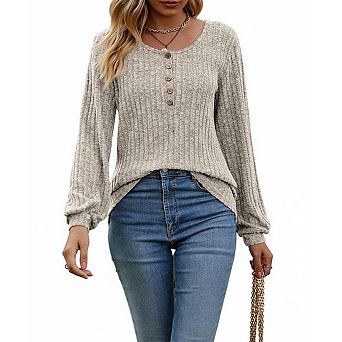 Women's Ribbed Round Neck Long Sleeve Shirt with Button Detail Stretch Knit Top Casual Blouse