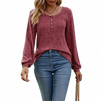 Women's Ribbed Round Neck Long Sleeve Shirt with Button Detail Stretch Knit Top Casual Blouse