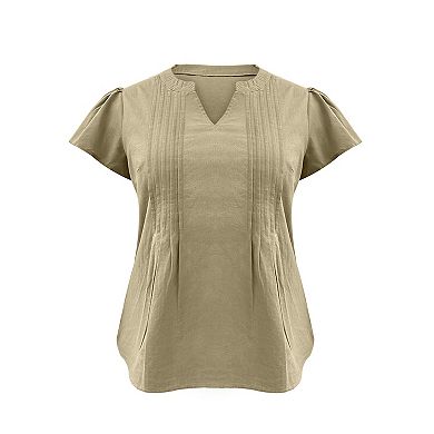 Woman Plus Size Cotton Shirt Summer V-Neck Top Flutter Sleeve Tee Pleated Gather(Pick One Size Up)