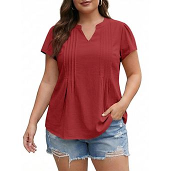 Woman Plus Size Cotton Shirt Summer V-Neck Top Flutter Sleeve Tee Pleated Gather(Pick One Size Up)