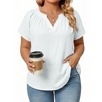 Women's Plus Size Top V Neck Short Sleeve Shirt Loose Casual Summer Tee (Pick One Size Up)